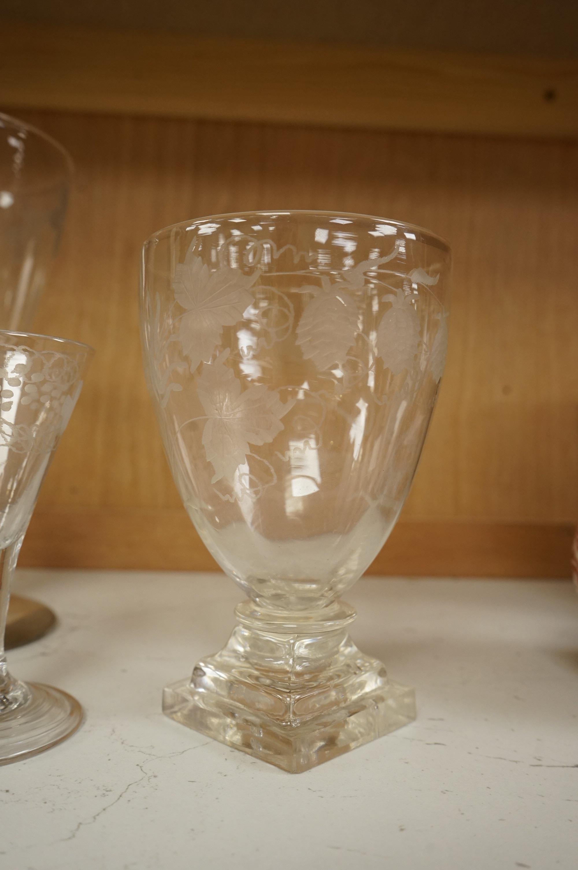 A group of 18th/early 19th century ale glasses, including two rummers, a large DSOT stem glass and two smaller funnel shaped glasses, largest 21cm high (5)